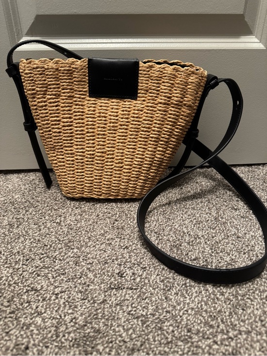 All Saints Handbags - AllSaints Tan Straw Crossbody with Black Leather Strap
